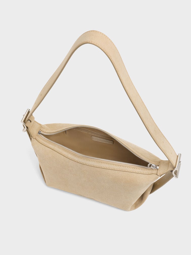 Gwynne Recycled Suede Buckle-Strap Slouchy Shoulder Bag, Nutmeg Beige, hi-res
