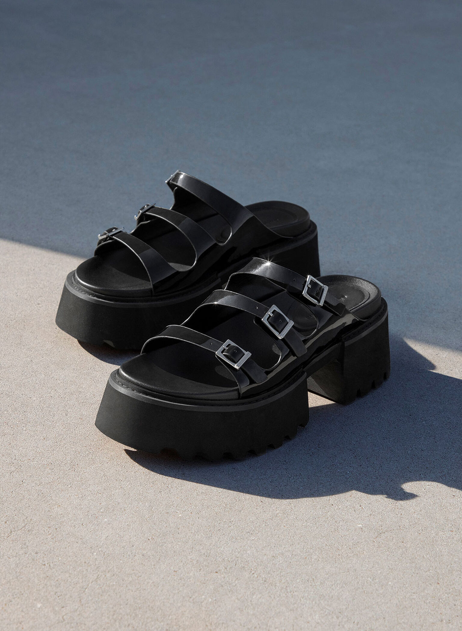Nadine Patent Triple-Strap Platform Sandals, Black Patent, hi-res