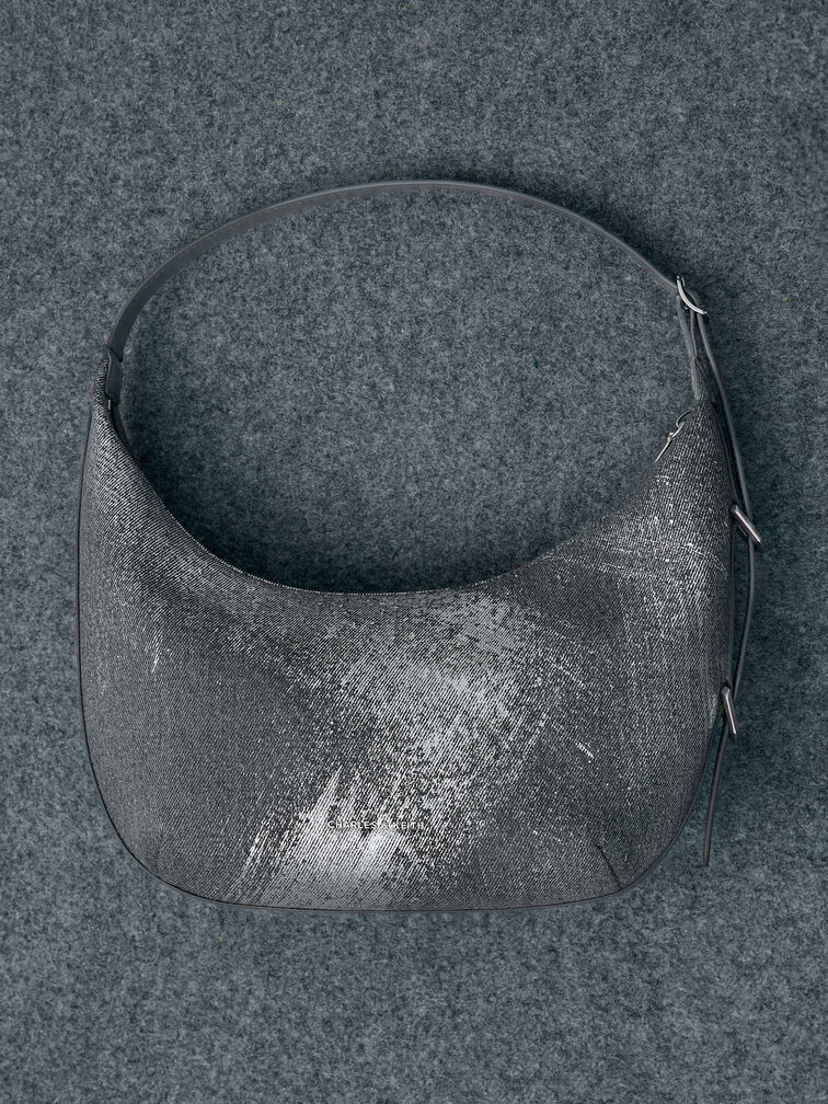 Bryna Denim Curved Hobo Bag, Silver Brushed Denim, hi-res