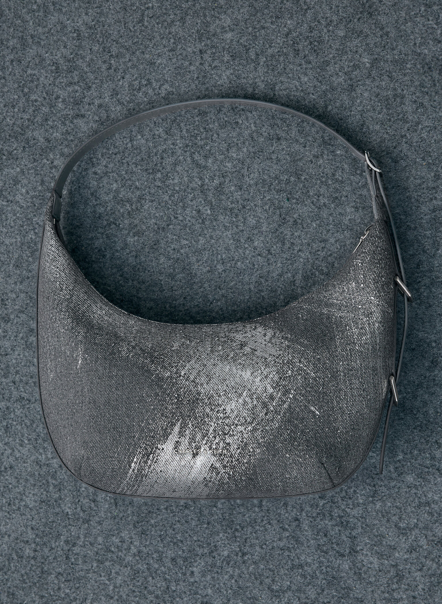 Bryna Denim Curved Hobo Bag, Silver Brushed Denim, hi-res