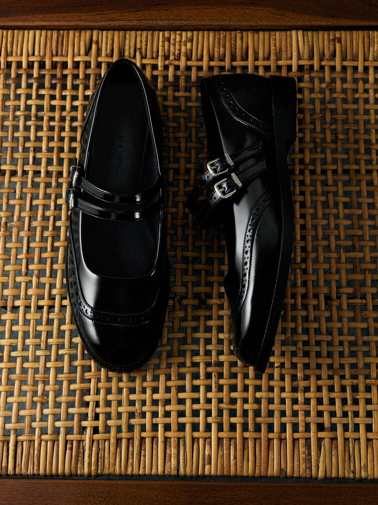Double-Strap Brogue Mary Janes, Black Box, hi-res