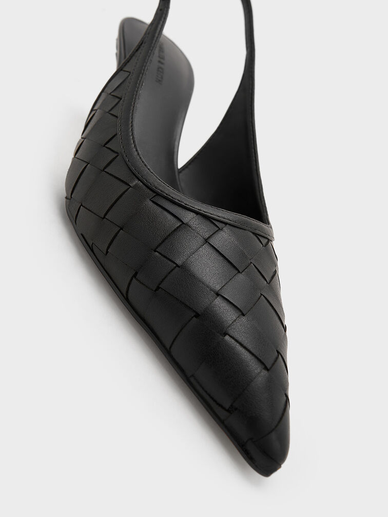 Woven Pointed-Toe Slingback Pumps, Black, hi-res