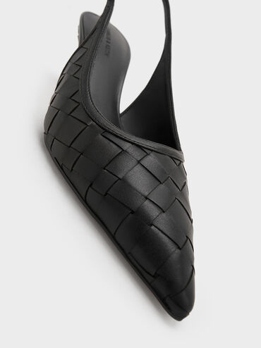 Woven Pointed-Toe Slingback Pumps, Black, hi-res