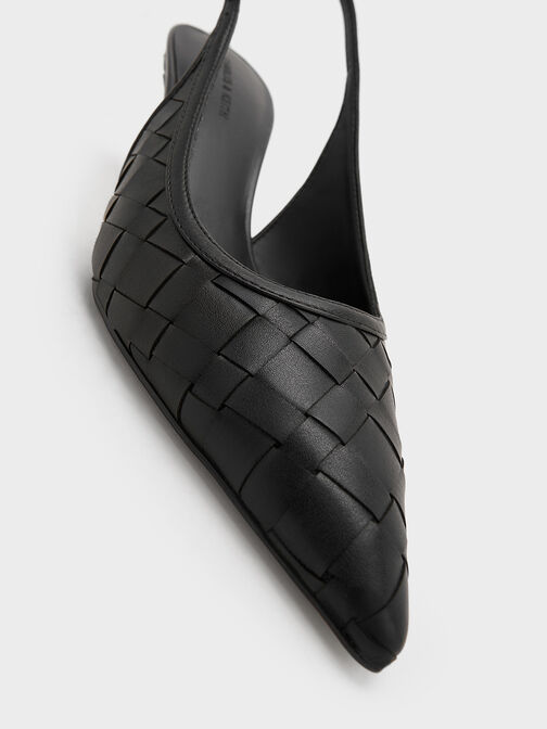 Woven Pointed-Toe Slingback Pumps, Black, hi-res