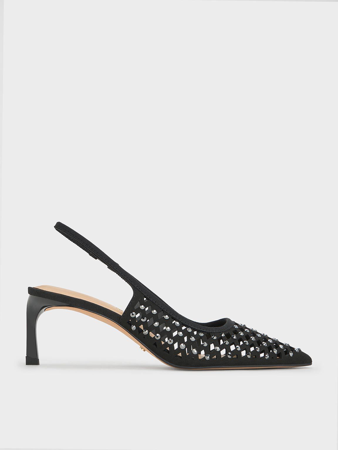 Studded Cut Out Kitten Heel Slingback Pumps Black