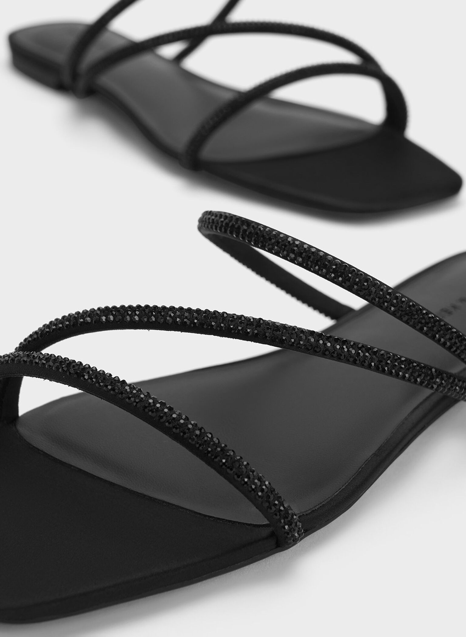 Satin Crystal-Embellished Strappy Sandals, Black Textured, hi-res