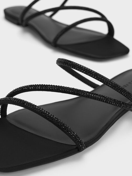 Satin Crystal-Embellished Strappy Sandals, Black Textured, hi-res