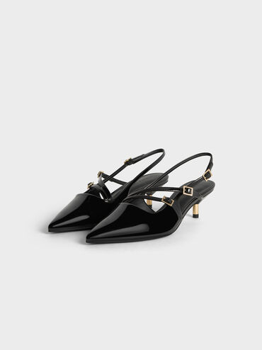 Patent Buckle-Strap Kitten Heel Slingback Pumps, Black Patent, hi-res