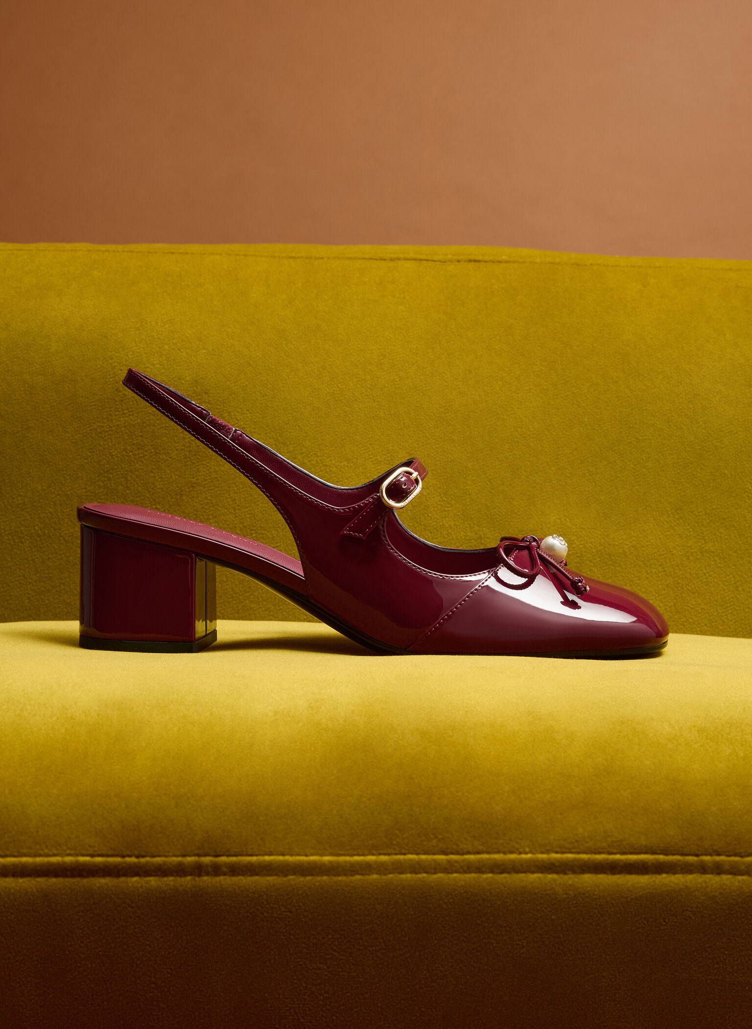 Patent Bow Crystal-Pearl Slingback Mary Jane Pumps, Burgundy, hi-res