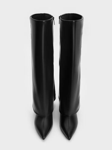 Fold-Over Pointed-Toe Knee-High Boots, Black, hi-res