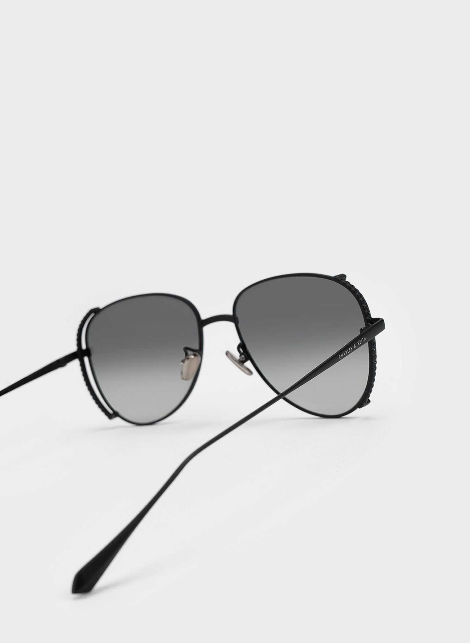 Gem-Embellished Wireframe Aviator Sunglasses, Black, hi-res