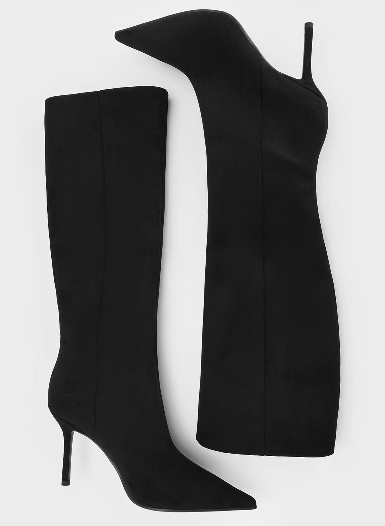 Faux Suede Pointed-Toe Stiletto-Heel Knee-High Boots, Black Textured, hi-res