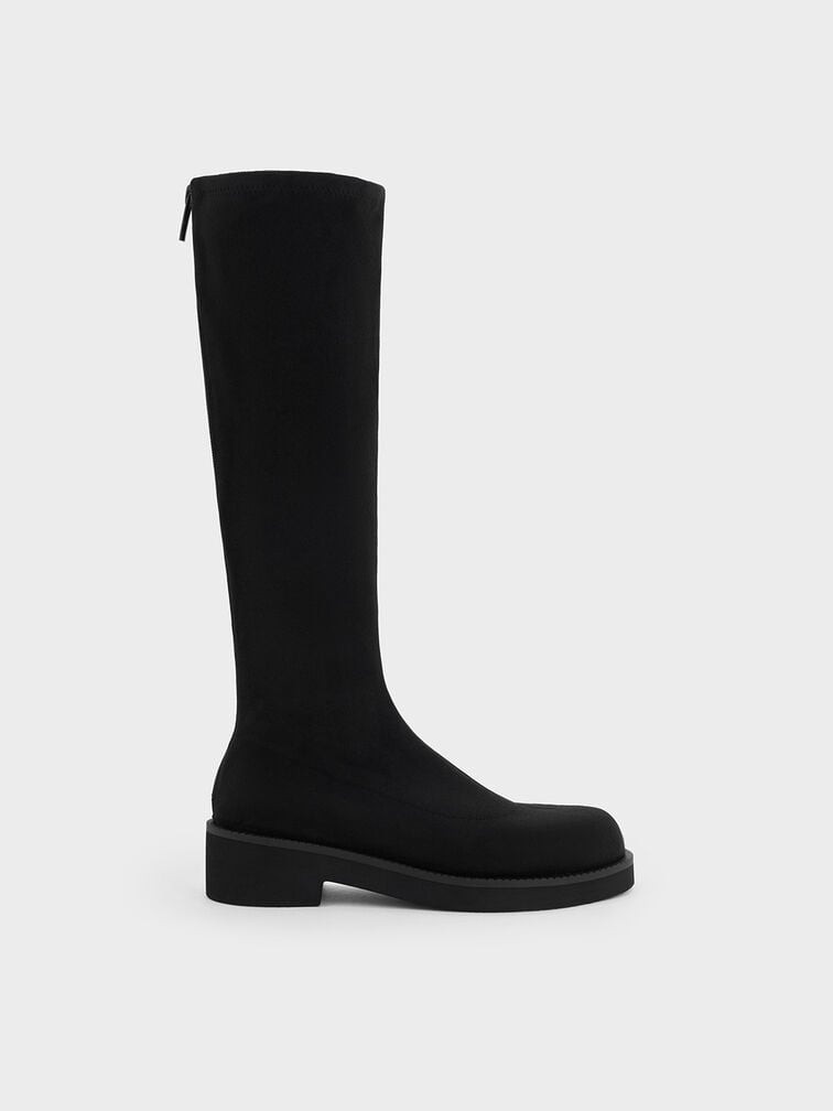Faux Suede Chunky-Sole Knee-High Boots, Black Textured, hi-res
