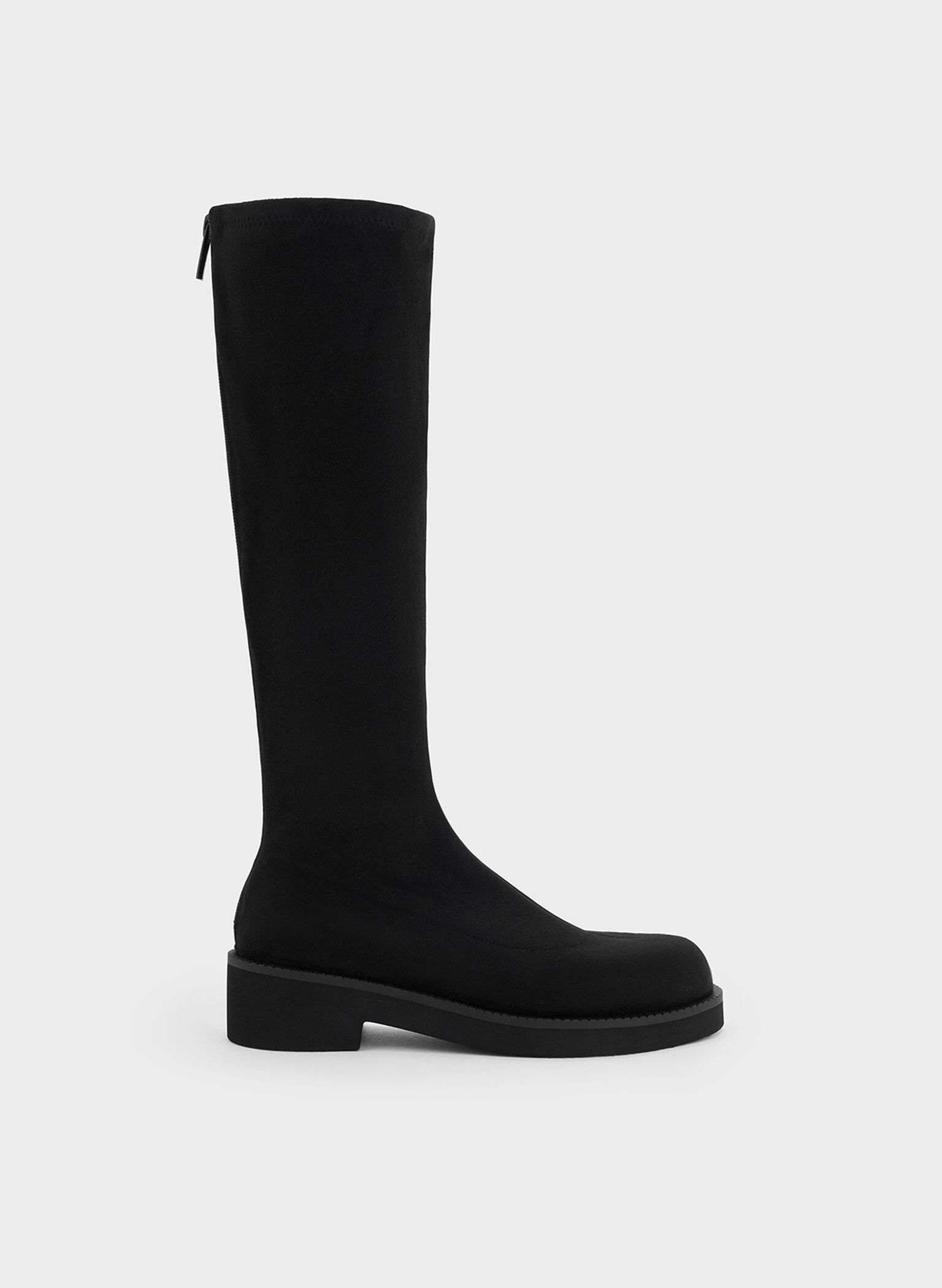 Faux Suede Chunky-Sole Knee-High Boots, Black Textured, hi-res