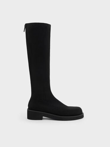 Faux Suede Chunky-Sole Knee-High Boots, Black Textured, hi-res