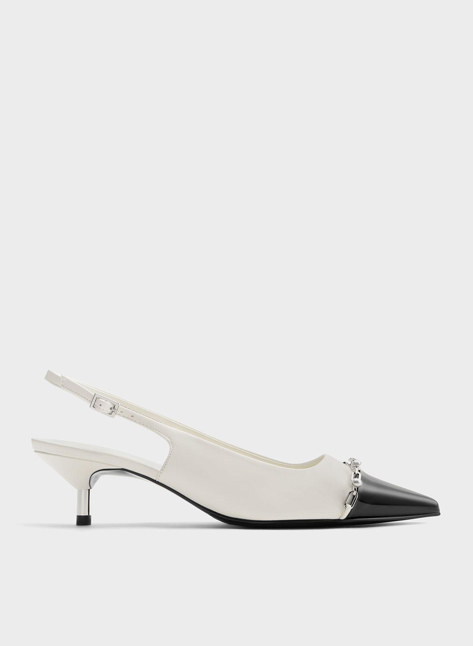 Patent Pearl Chain-Link Slingback Pumps, White, hi-res
