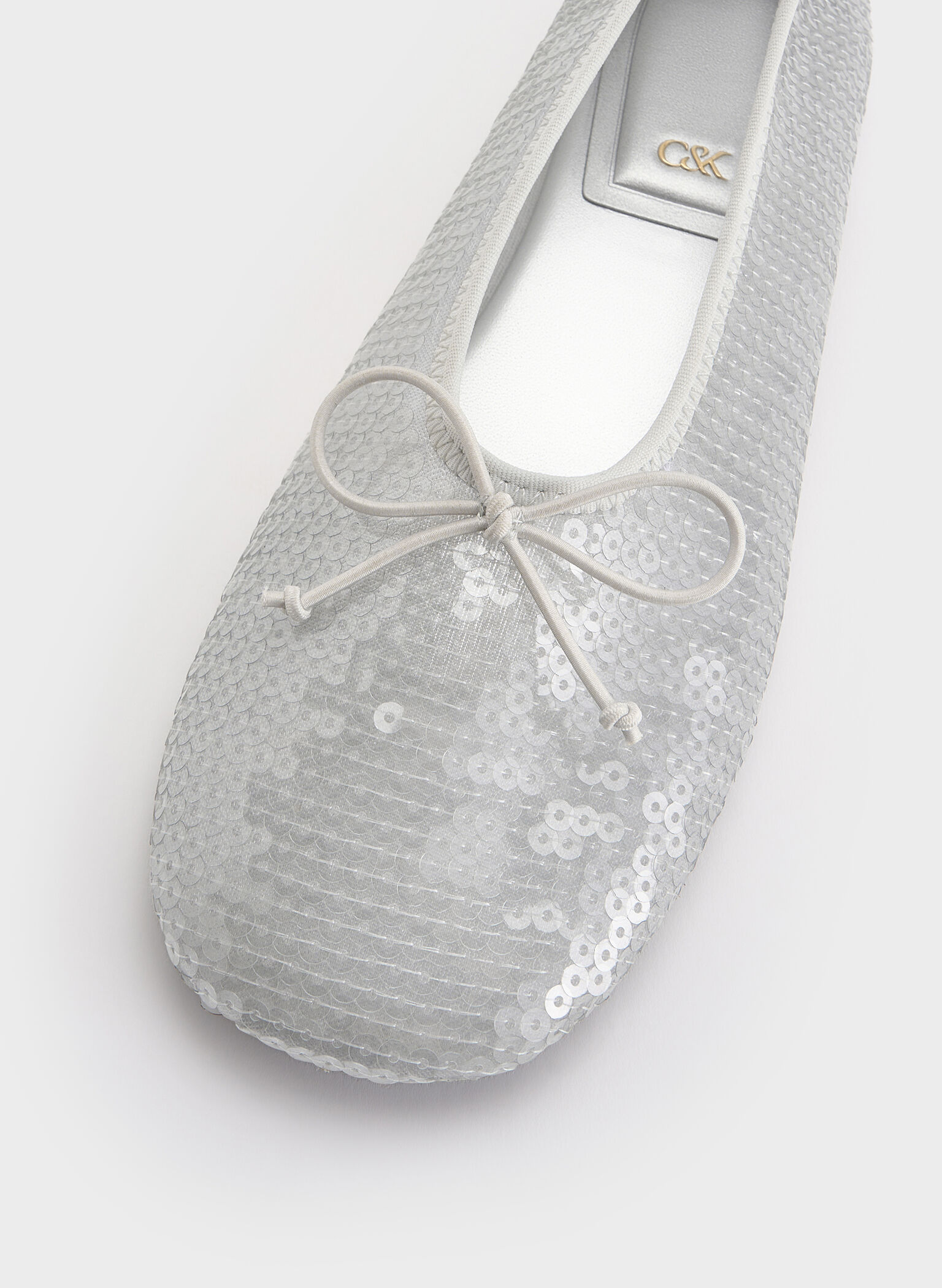 Sequin Mesh & Leather Bow Ballet Flats, Silver, hi-res