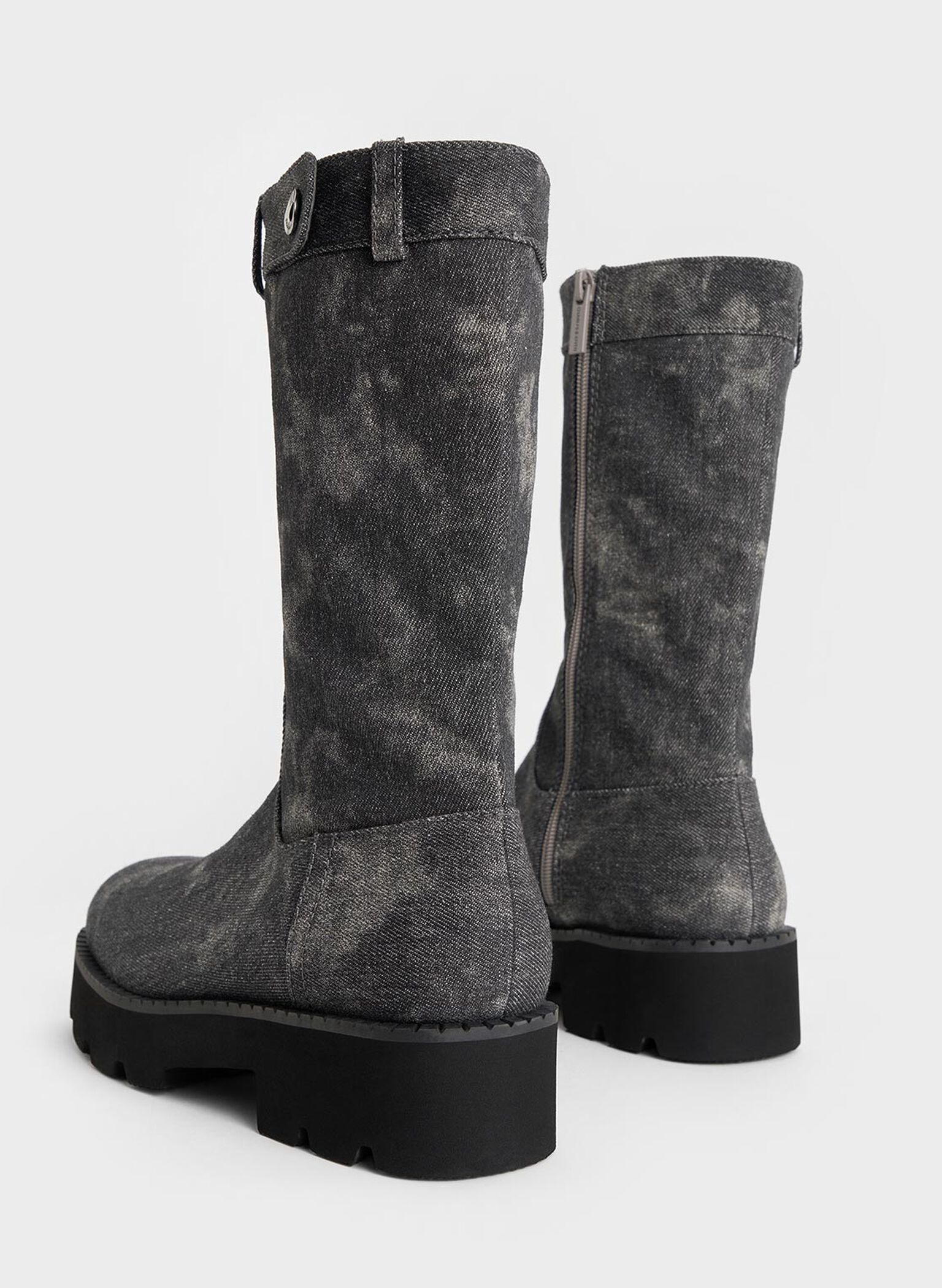 Denim Side-Zip Lug-Sole Calf Boots, Dark Grey, hi-res