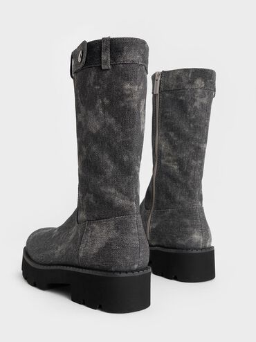 Denim Side-Zip Lug-Sole Calf Boots, Dark Grey, hi-res