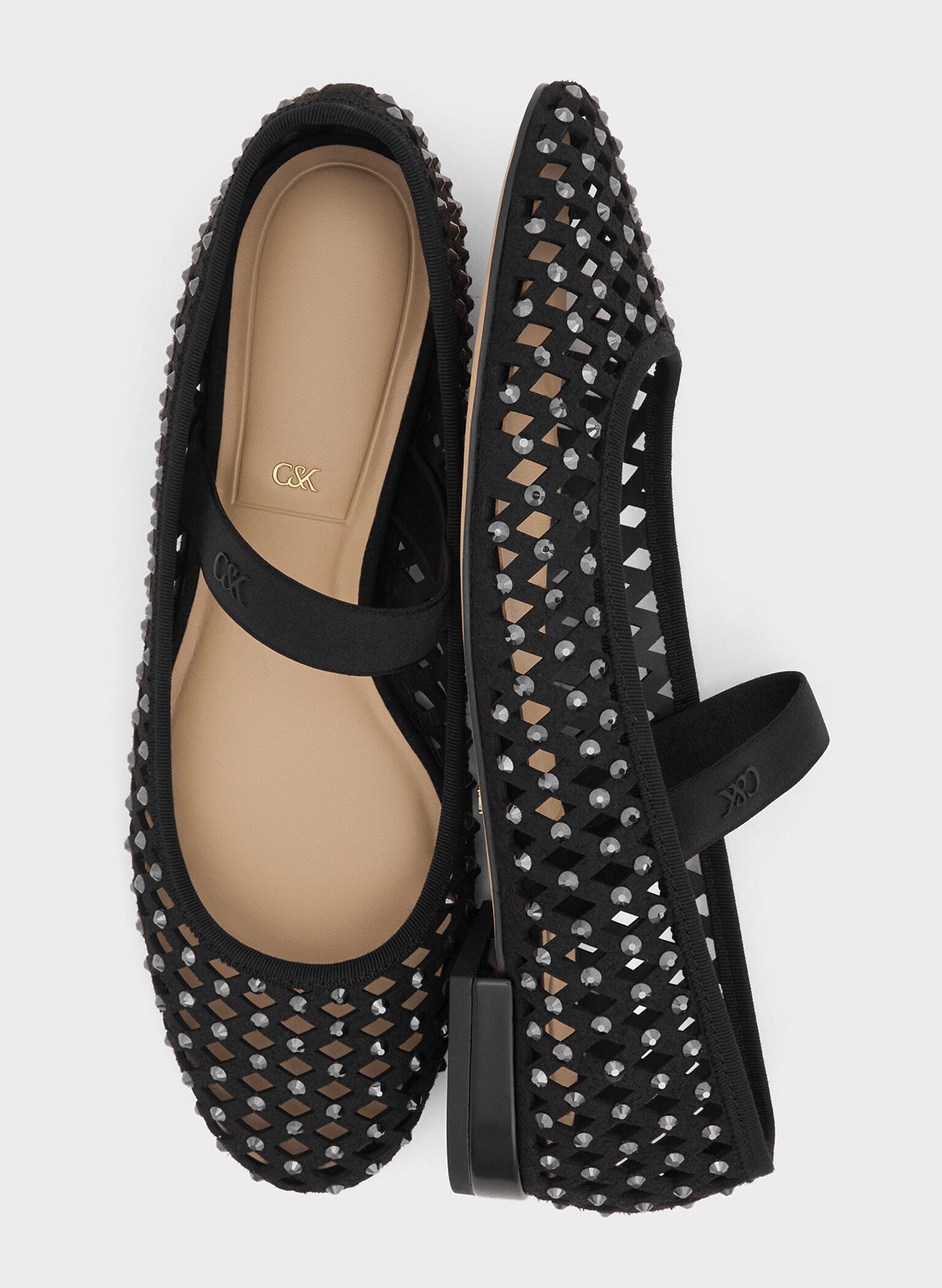 Studded Cut-Out Mary Jane Flats, Black, hi-res