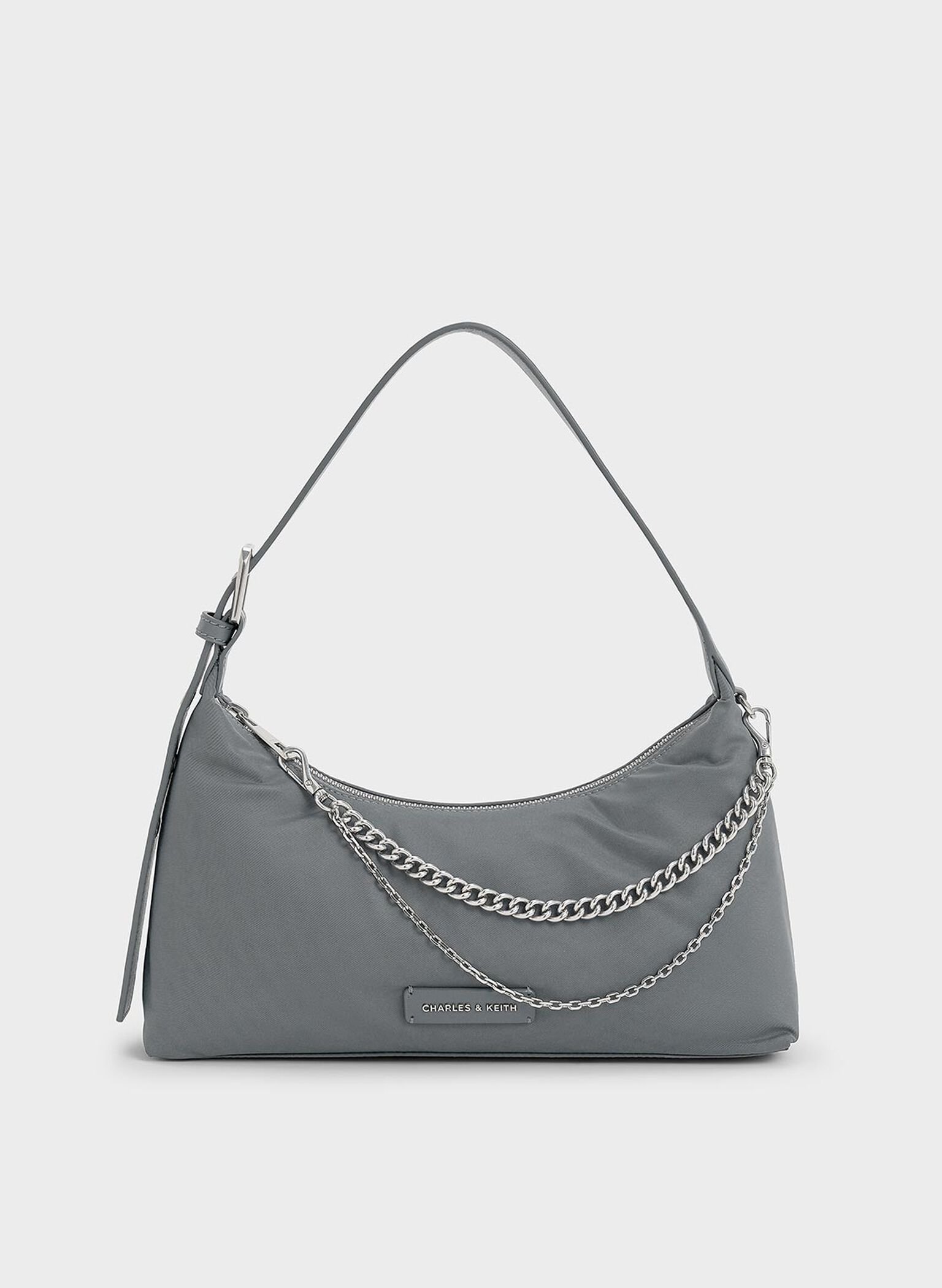Nylon Chain-Link Trapeze Shoulder Bag, Grey, hi-res