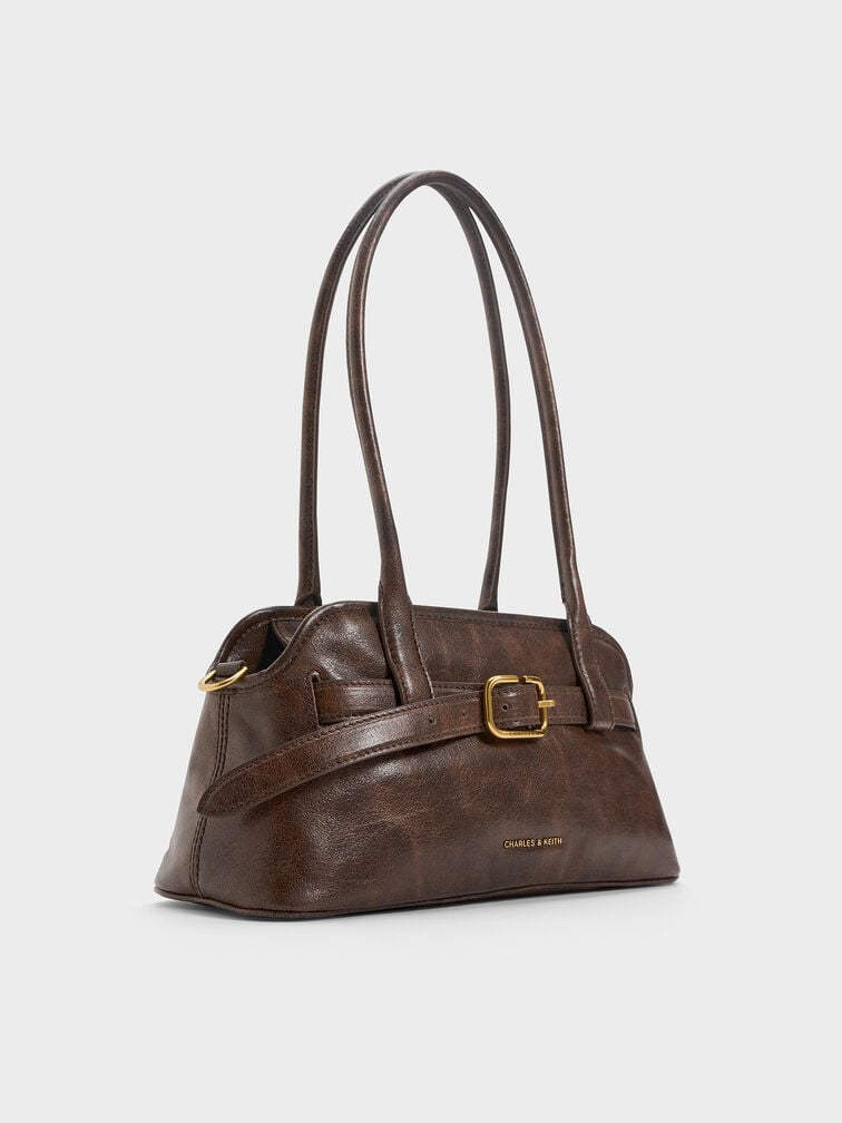 Victoria Belted Elongated Shoulder Bag, Distressed Coffee, hi-res