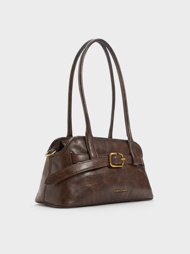 Victoria Belted Elongated Shoulder Bag, Distressed Coffee, hi-res