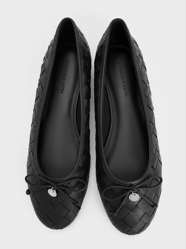 Woven Bow Ballet Flats, Black, hi-res
