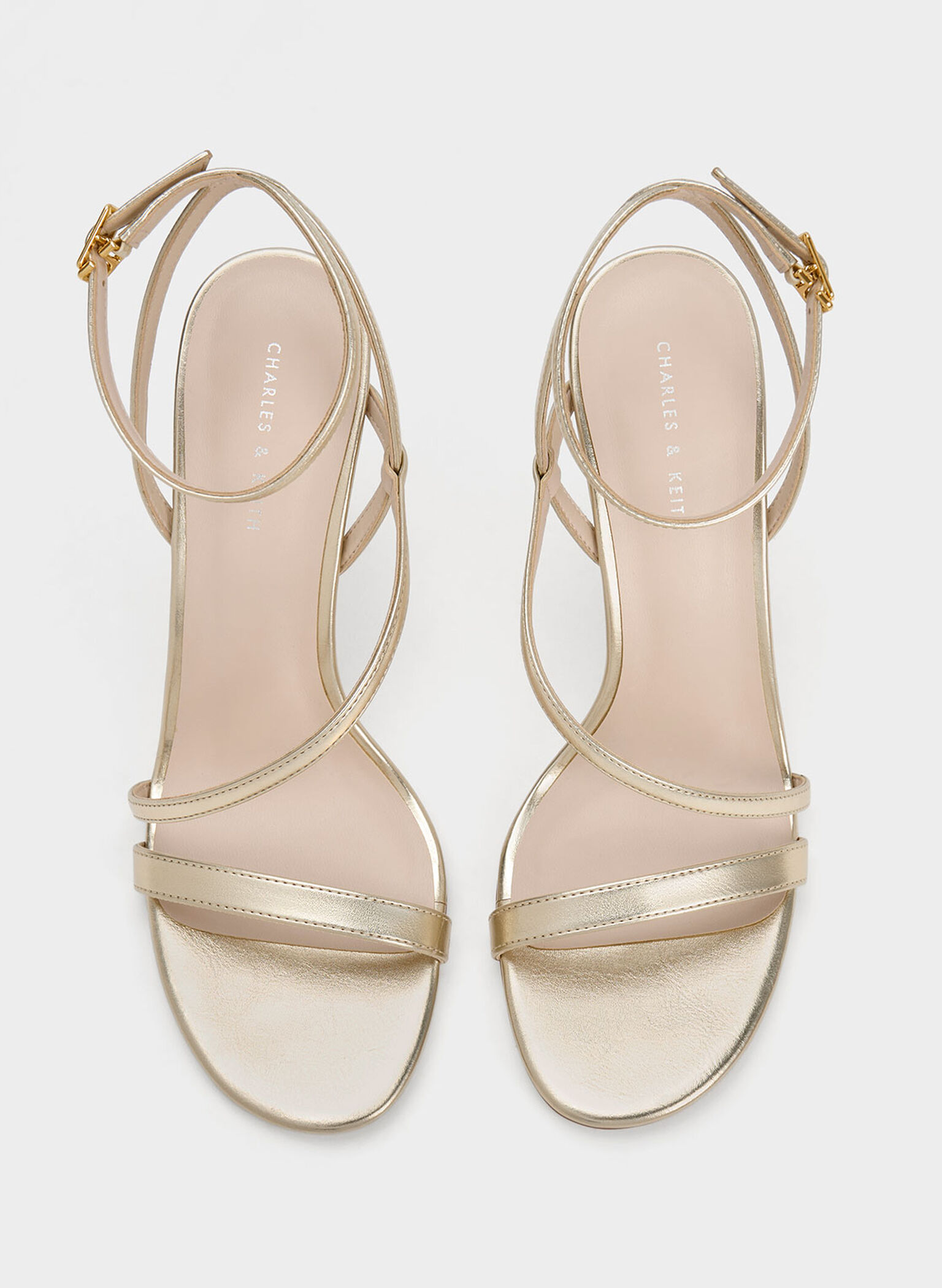Metallic Asymmetric Strappy Heeled Sandals, Gold, hi-res