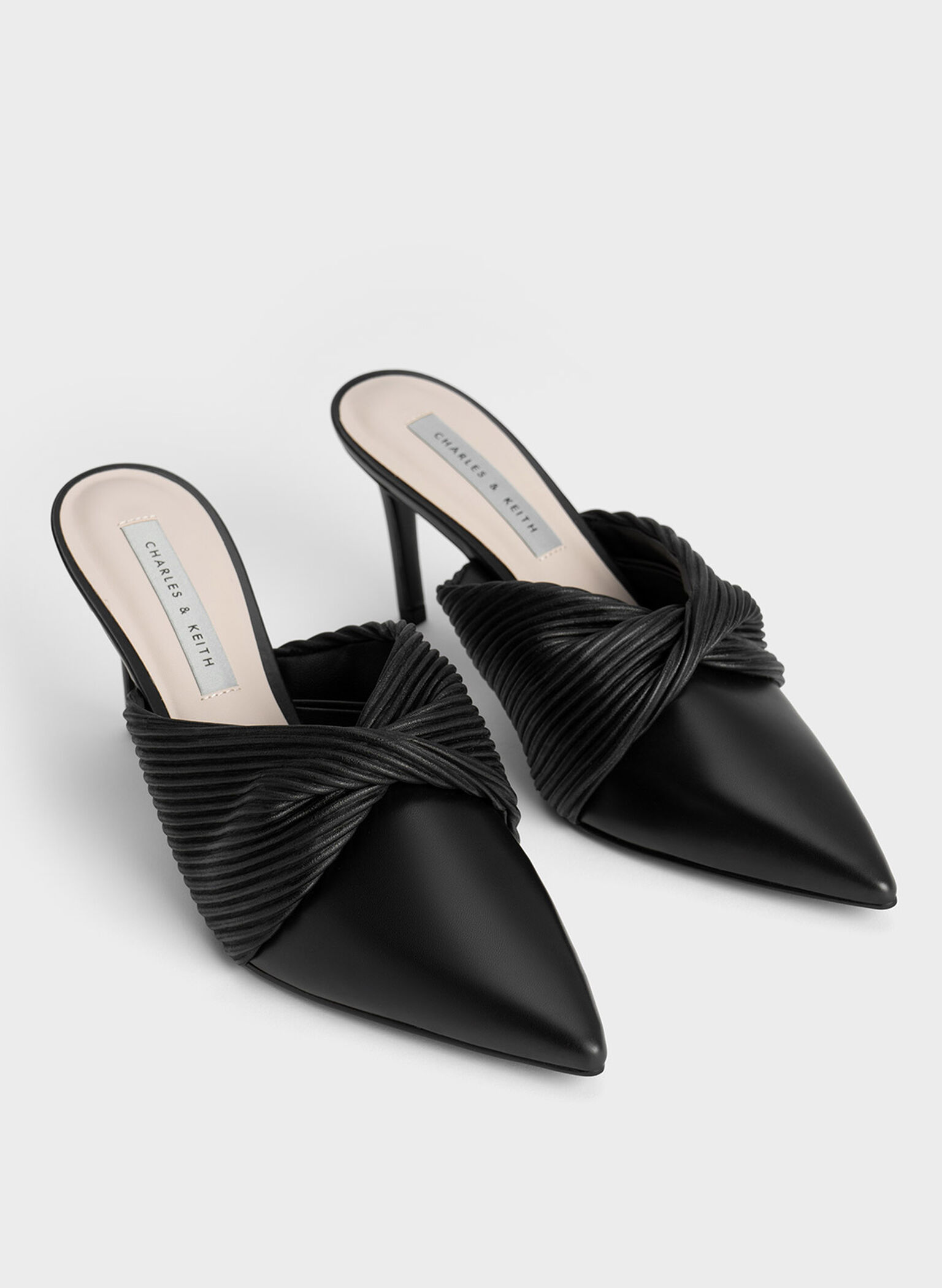 Pleated Wrap Heeled Mules, Black, hi-res