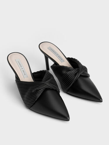 Pleated Wrap Heeled Mules, Black, hi-res
