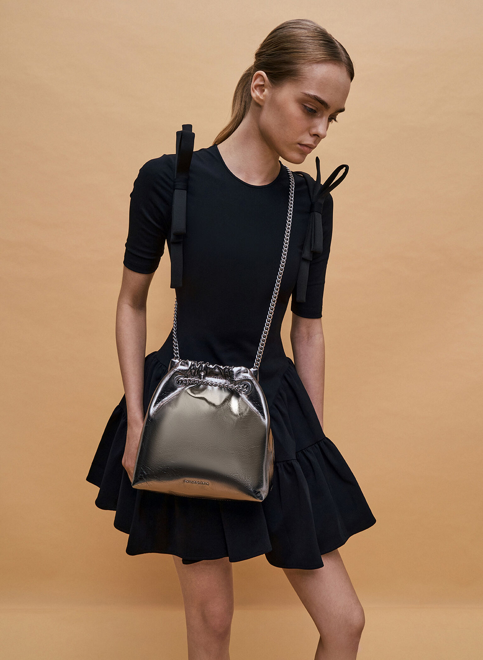 Caia Metallic Chain-Handle Tote Bag, Pewter, hi-res