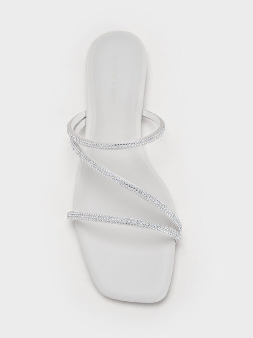 Satin Crystal-Embellished Strappy Sandals, White, hi-res
