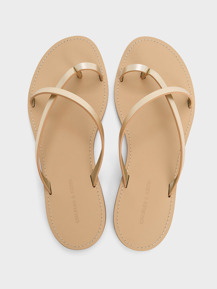Metallic Asymmetric Strappy Toe-Ring Sandals, Light Gold, hi-res
