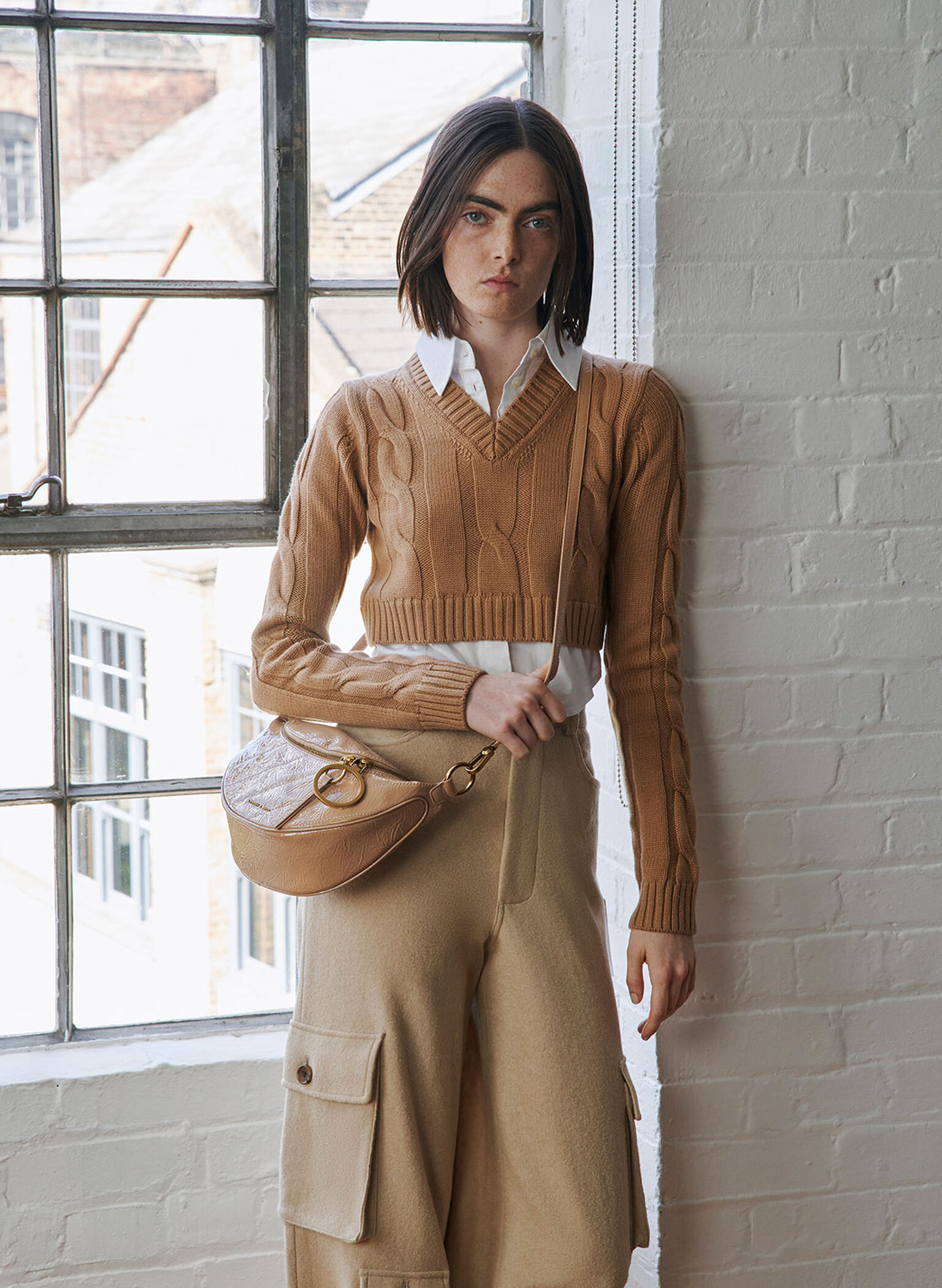 Philomena Wrinkled Patent Semi-Circle Crossbody Bag, Beige, hi-res