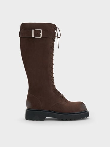 Darian Faux Suede Lace-Up Buckle-Strap Knee-High Boots, Dark Brown Textured, hi-res