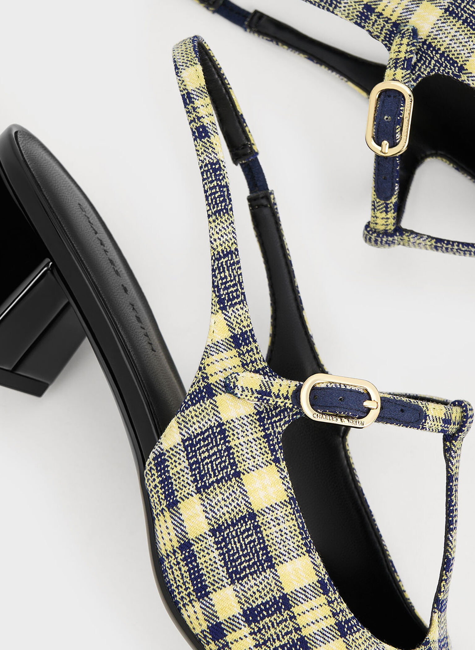 Checkered T-Bar Slingback Mary Jane Pumps, Yellow, hi-res