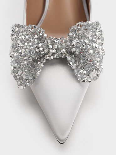 Recycled Polyester Beaded Bow Pumps, Silver, hi-res