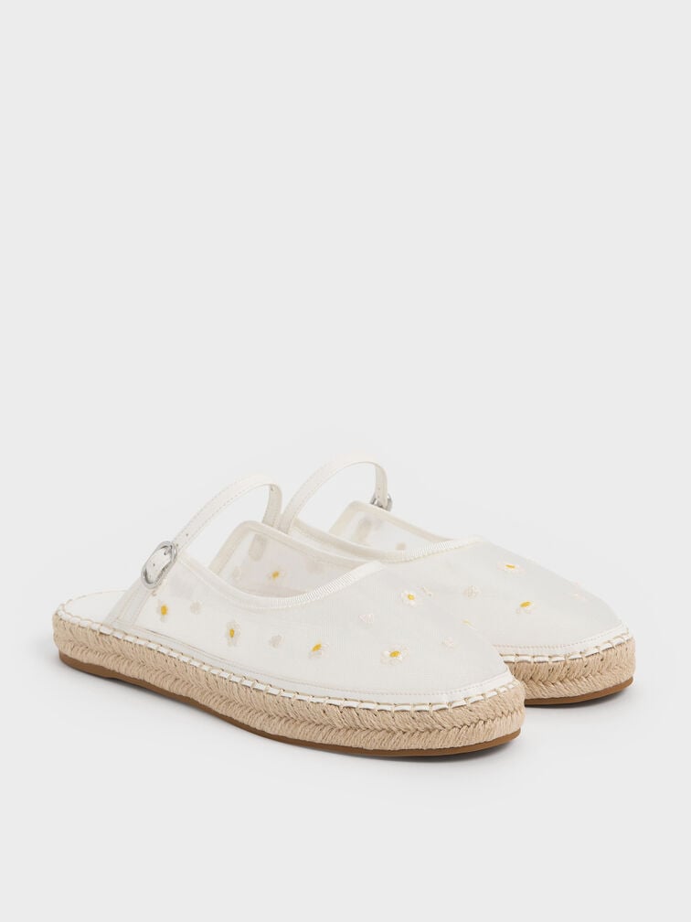 Mesh Embroidered-Flower Slip-On Mary Jane Espadrilles, White, hi-res