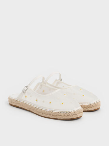 Bernadine Mesh Floral-Embroidered Espadrille Mules, White, hi-res