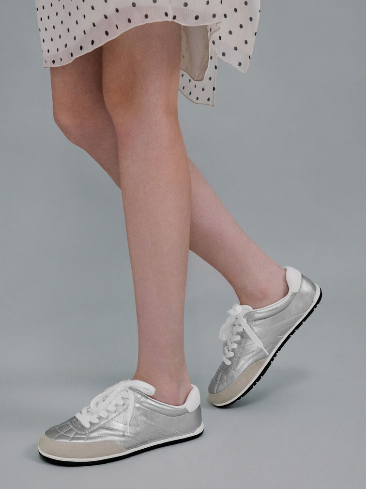 Metallic Low-Top Sneakers, Silver, hi-res