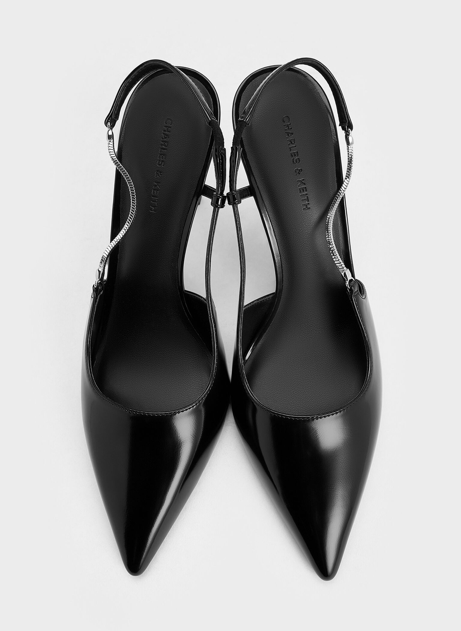 Chain-Strap Pointed-Toe Slingback Pumps, Black Box, hi-res