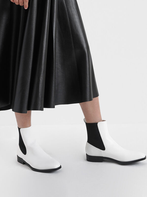 Two-Tone Mini Square Toe Chelsea Boots, White, hi-res