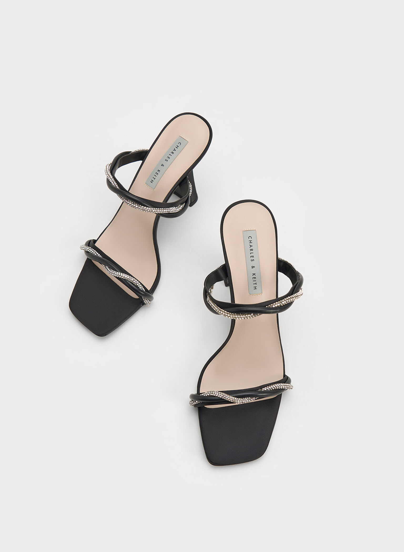 Embellished Twisted Strap Satin Sandals, Black, hi-res