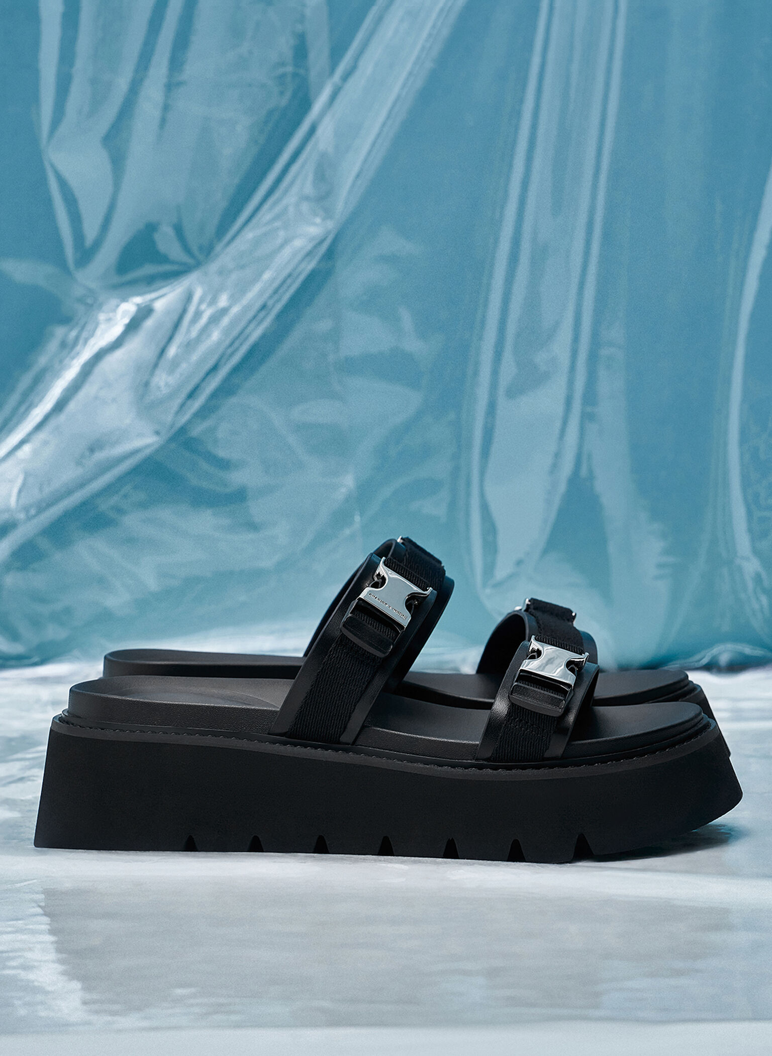 Laine Metallic-Buckle Flatform Sandals, Black, hi-res