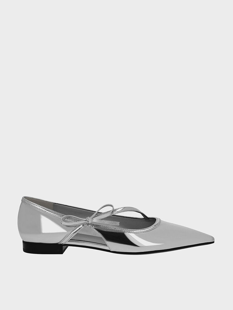 Metallic Pointed-Toe Bow-Strap Flats, Silver, hi-res