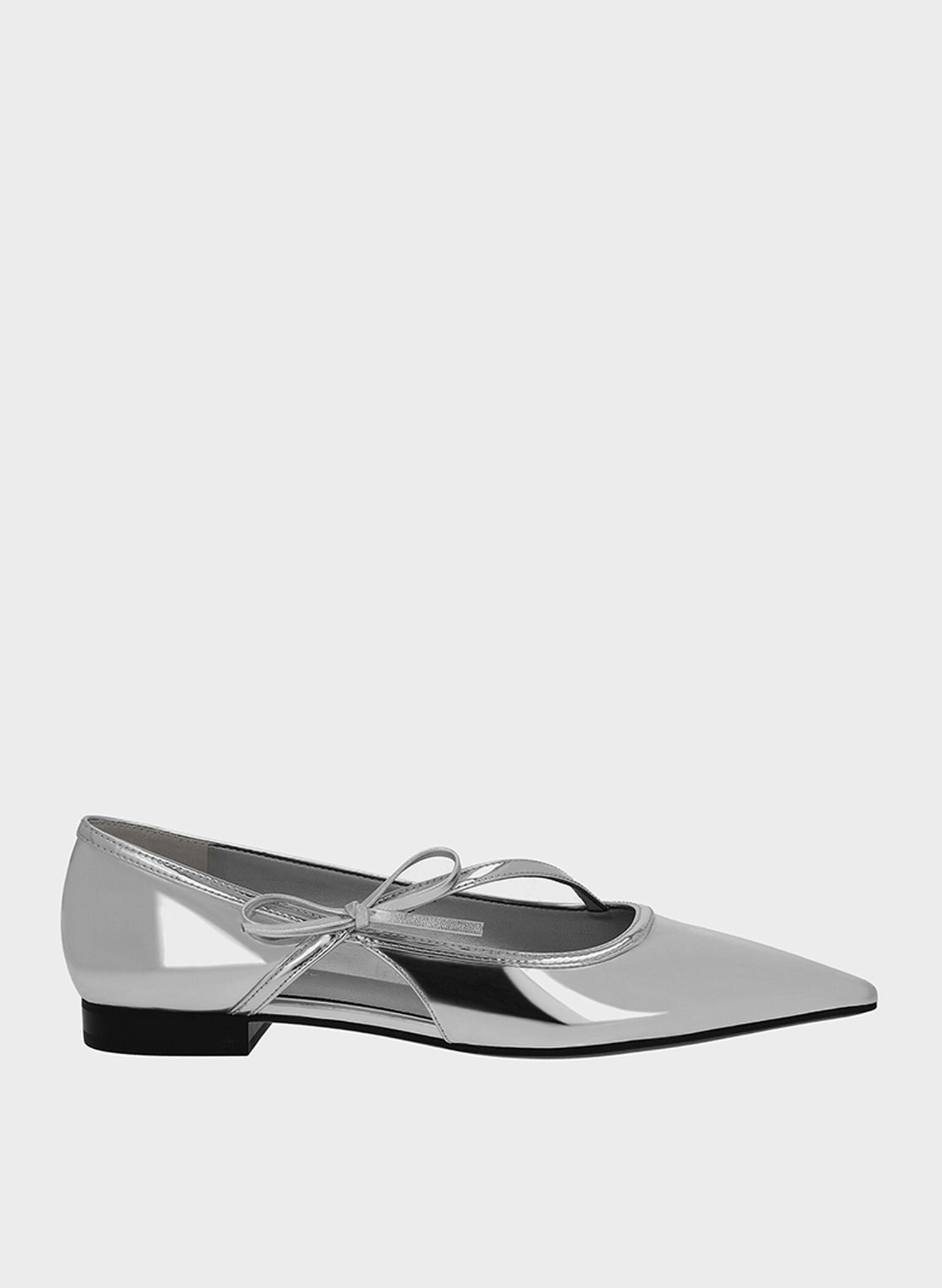 Metallic Pointed-Toe Bow-Strap Flats, Silver, hi-res