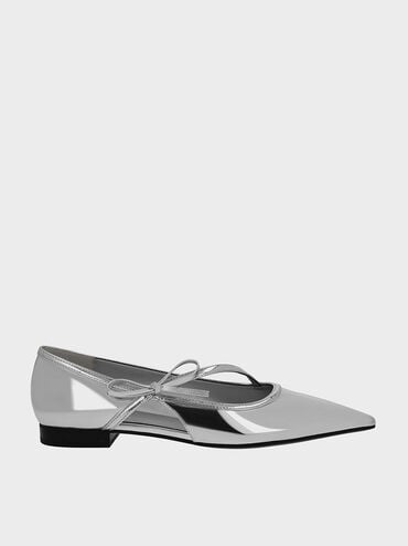 Metallic Pointed-Toe Bow-Strap Flats, Silver, hi-res
