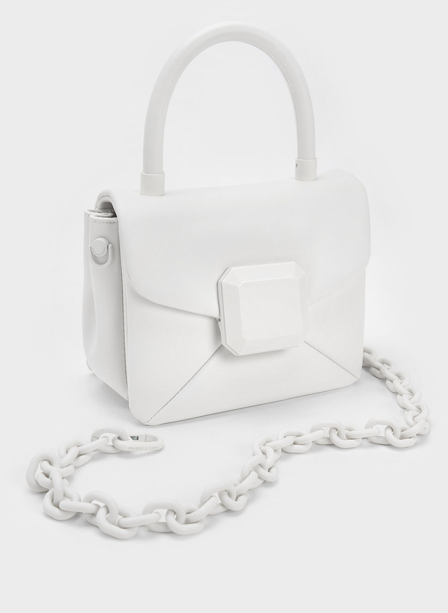 Geometric Push-Lock Top Handle Bag, White, hi-res