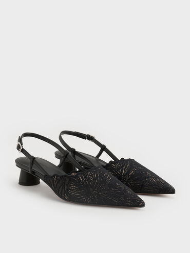 Crochet Floral Pointed-Toe Slingback Pumps, Black Textured, hi-res